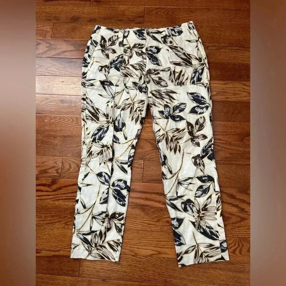 J. Crew Women’s Gold Foil Leaf Floral Tropical Linen Pants Sz 8